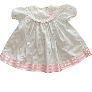 White Vintage Dress with Embroidered Pink Tulips